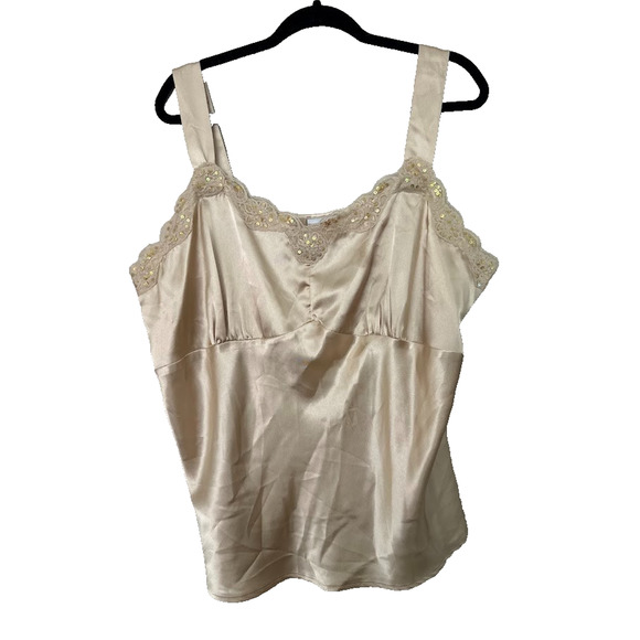 Vintage Fashion Bug Size 20 Top Y2K Style Babydoll Beige Silky Satin Lace Trim - Picture 1 of 7
